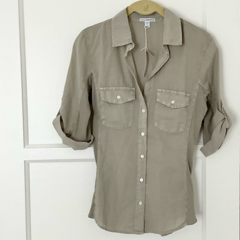 James Perse Contrast Panel Rolled Sleeve Button-Up Cotton Shirt NEW